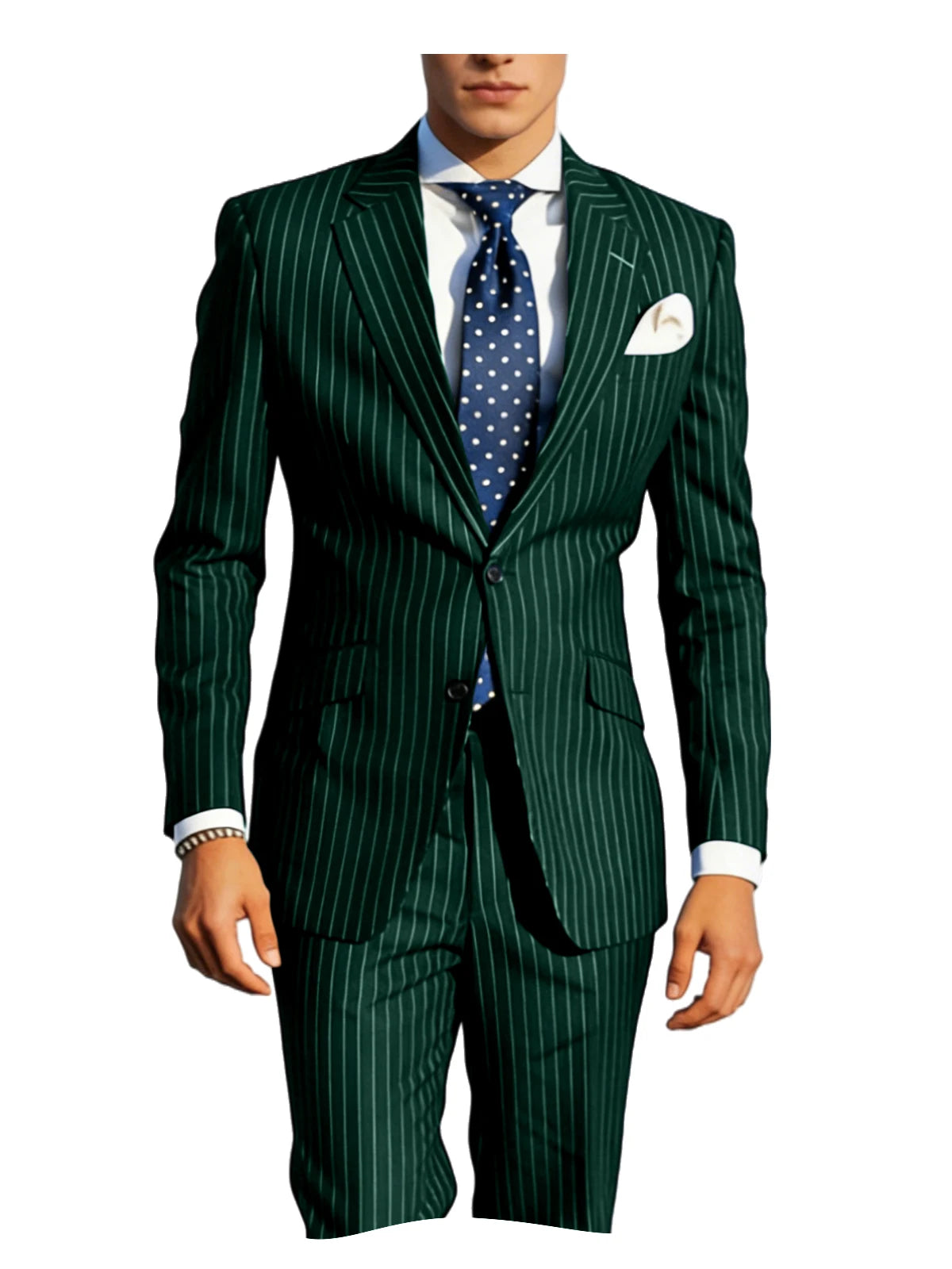 Mens Pinstripe Suit Tuxedo 2-Piece Slim Fit Blazer Pants Set Formal Business Wedding Jacket Trousers For Spring