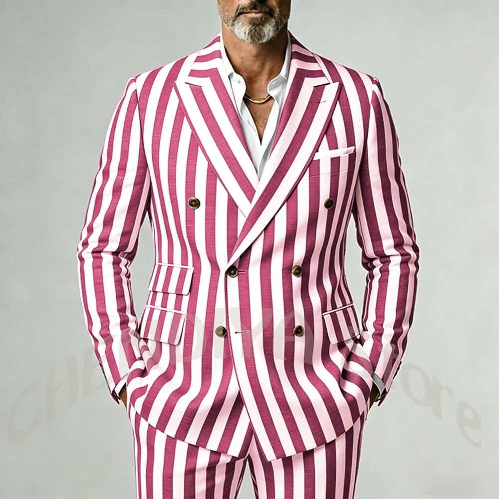 Casual Wide Striped Men's Suit Double Breasted Peaked Lapel Tailored Costume Homme Smart Business Office Daily Party Outfit