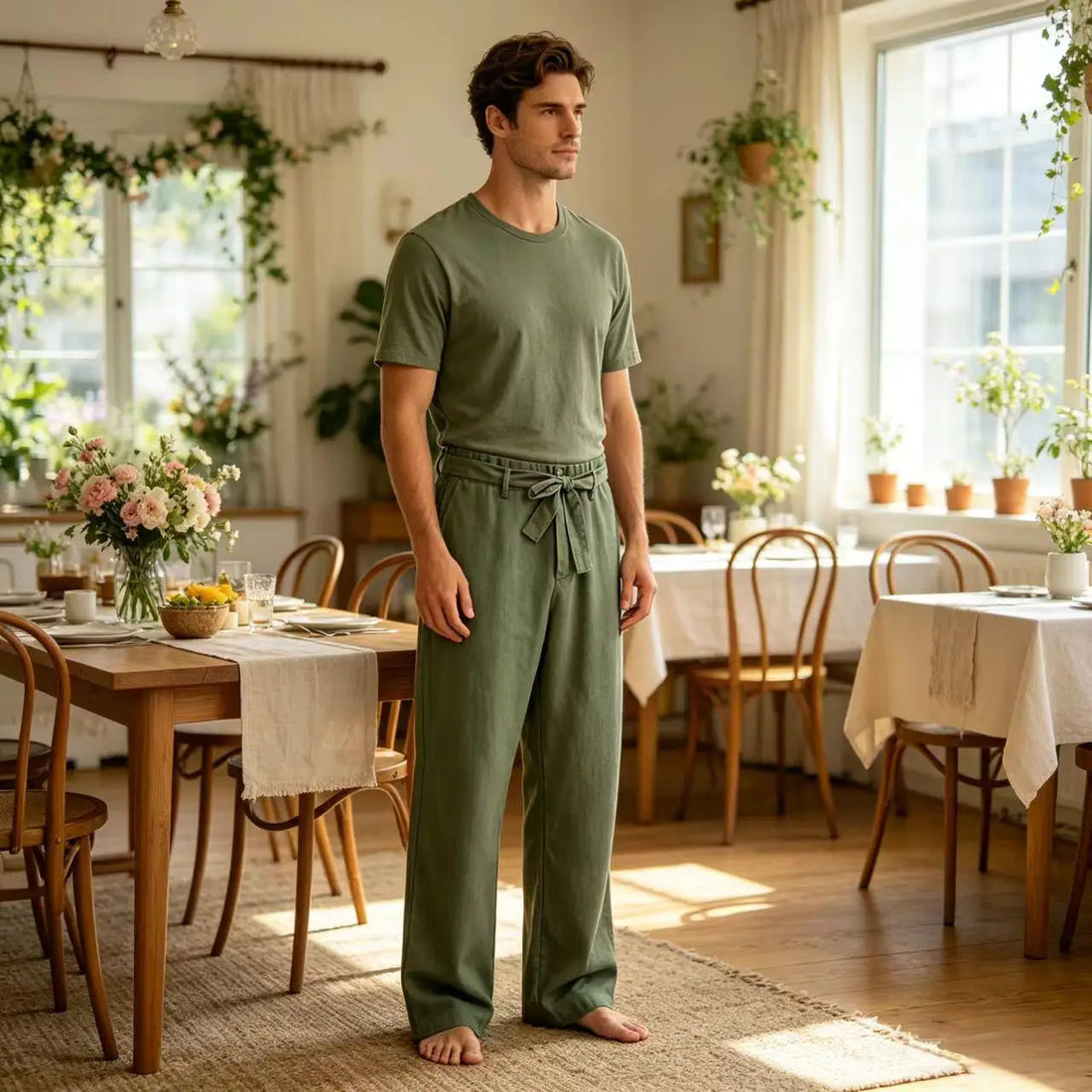 Vintage Men's Tie Waist Linen Blend Pants High Waist Wide Leg Casual Trousers Soft Breathable Lounge Pants for Men