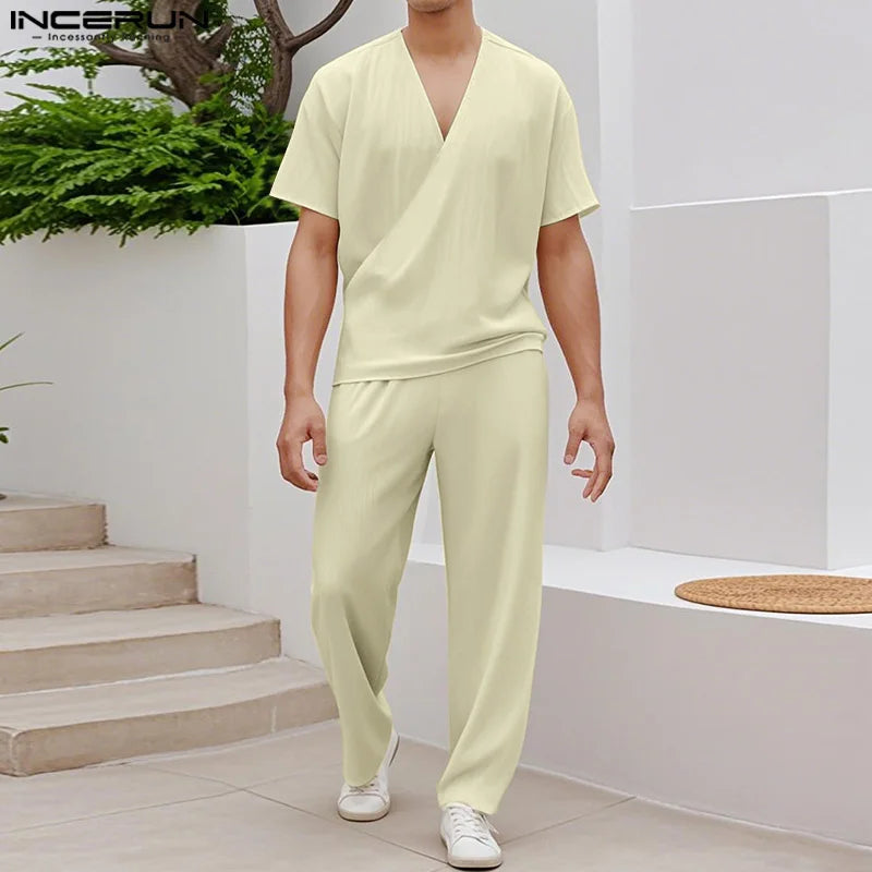 INCERUN Men Sets Solid Color V Neck Short Sleeve T Shirt & Pants Two Pieces Sets Summer Streetwear 2025 Loose Fashion Men Suits