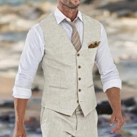 Beige Linen Suit Vest for Men Wedding Summer Beach One Piece Waistcoat V Neck Male  Fashion Cost