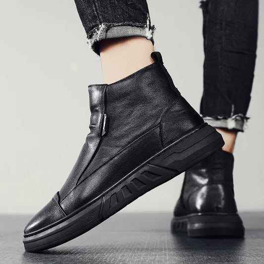 Men's Low Cut Fleece Ankle Boots Winter Slip-on Fleece Lining Cotton Shoes for Men New Thick Sole Black Casual Leather Boot