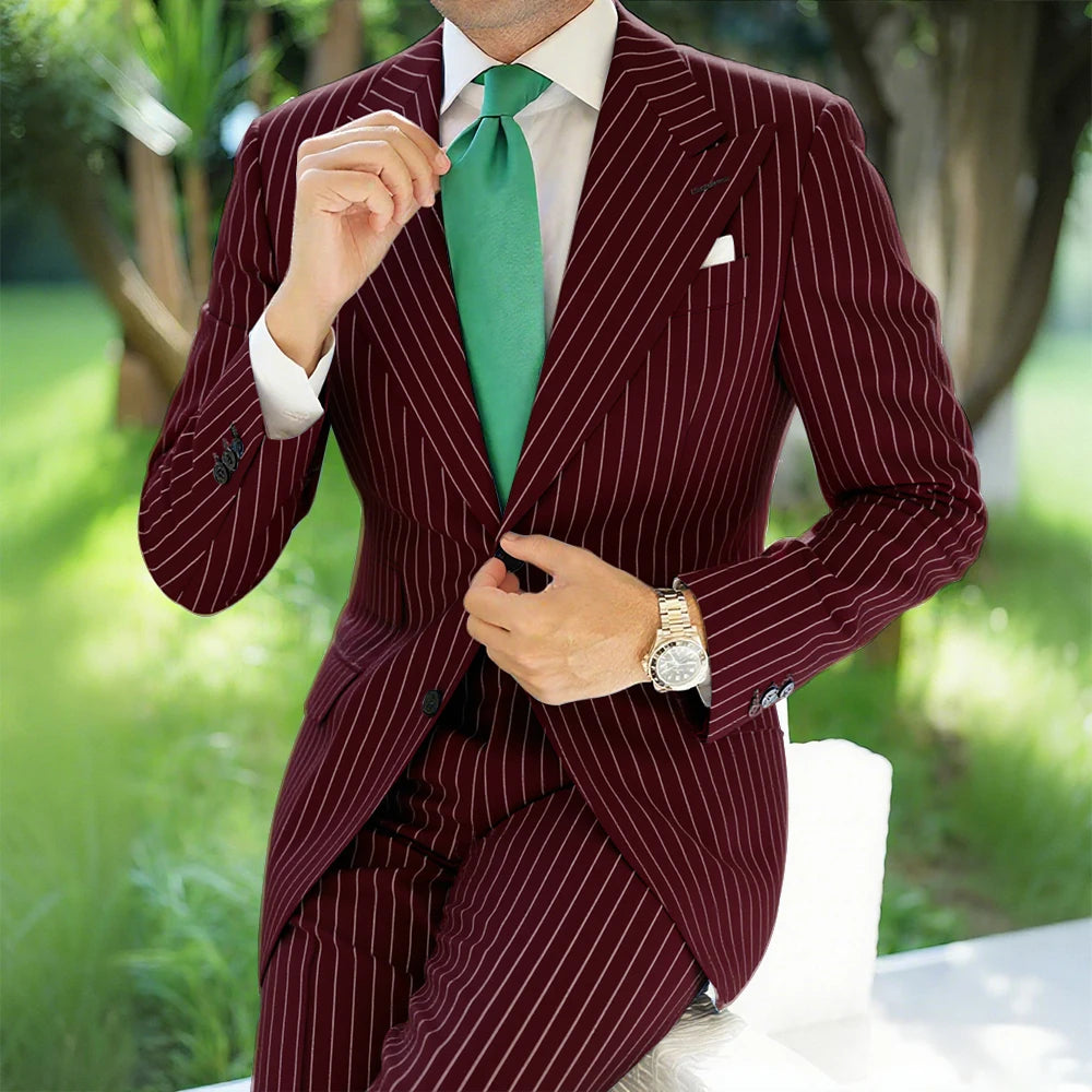 Hot Sale Navy Pinstripe Men's Suits Fashion Peaked Lapel Two Button Groom Wedding Business Prom Party Male Suit (Jacket+Pants)