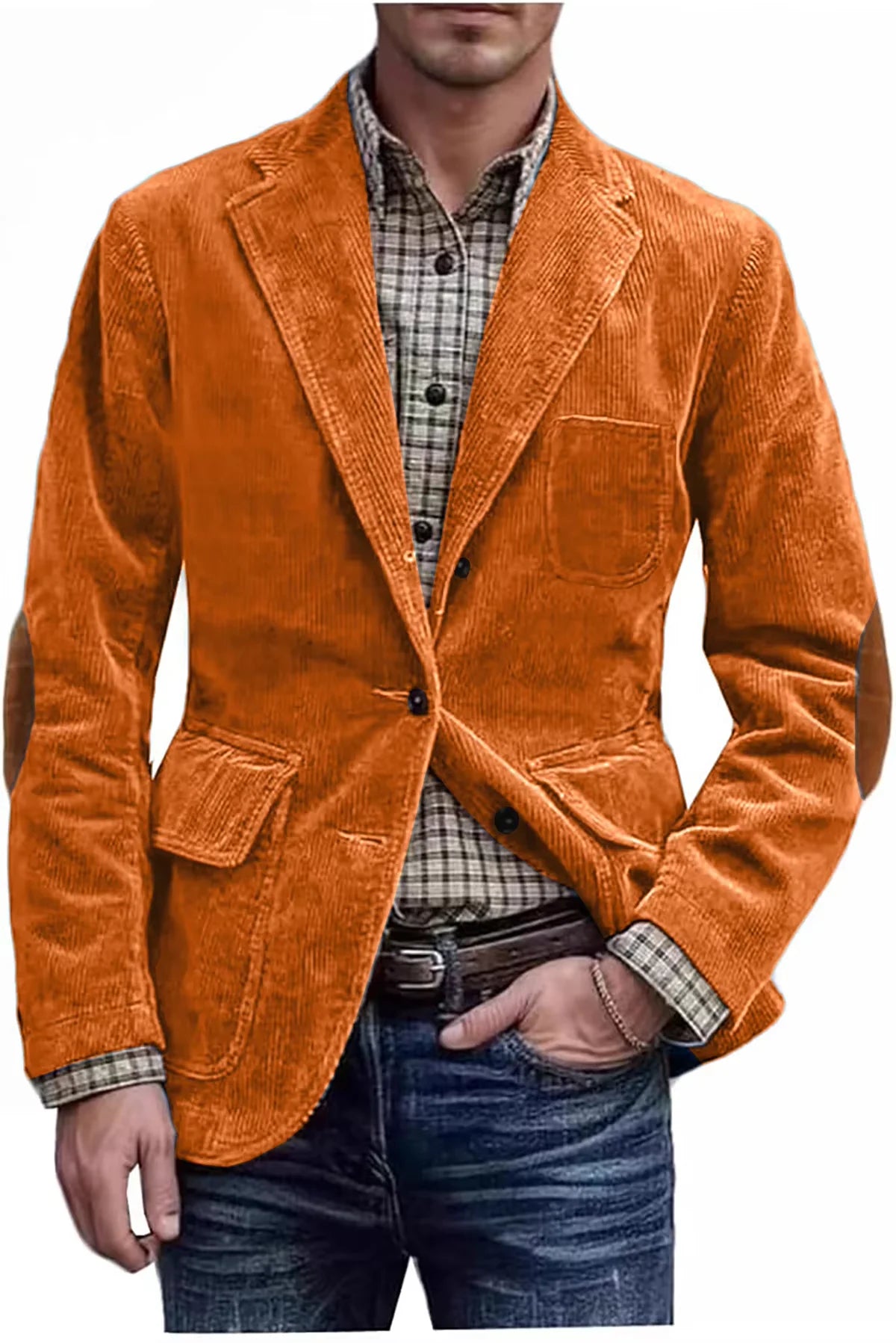 Men's Hunting Corduroy Blazer with Elbow Patches Vintage Tan Notched Lapel Casual Jacket British Slim Fit Daily Work Suit Coat