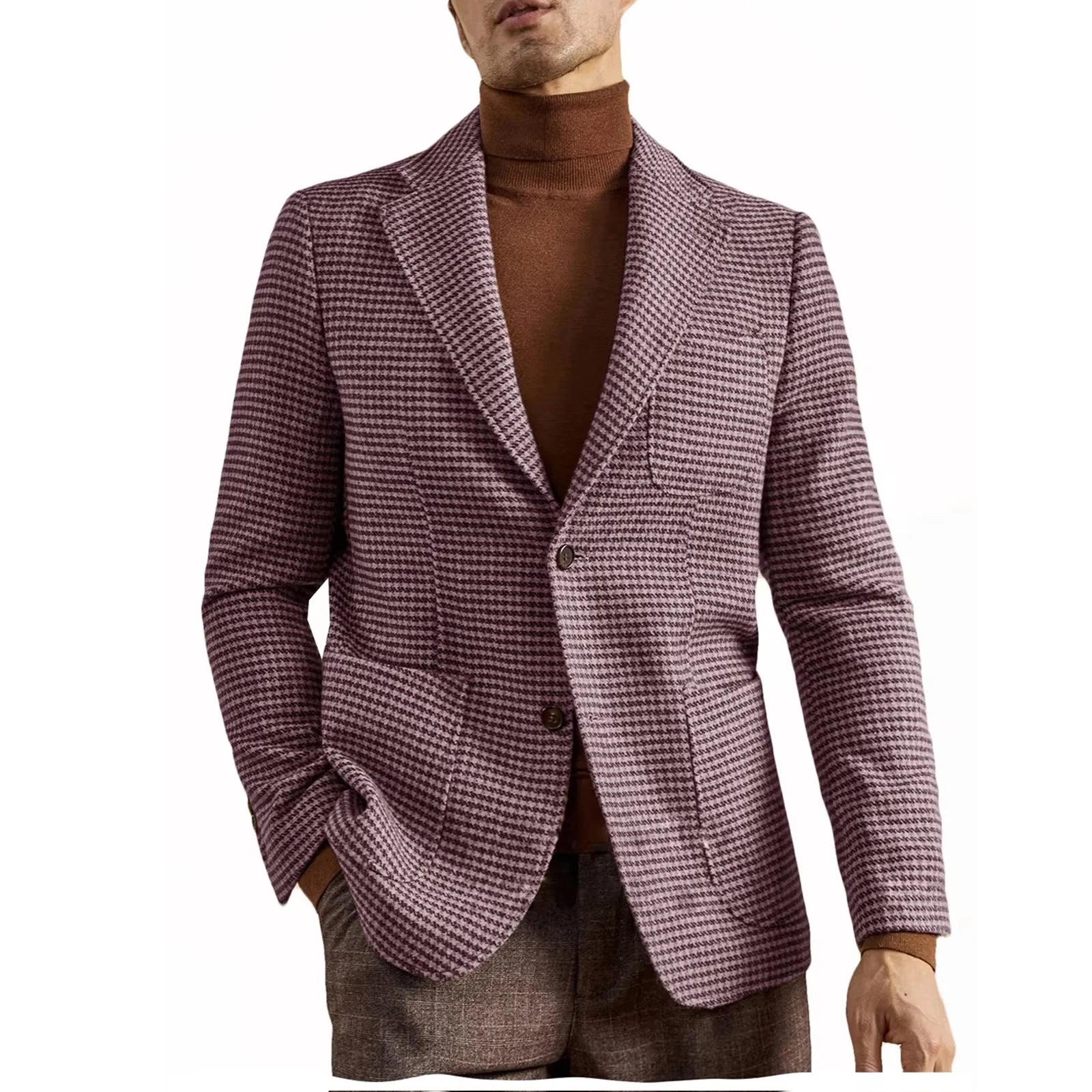 Men's Houndstooth Blazer Luxury Peak Lapel Slim Fit Wool Blend Suit Jacket For Classic Business Casual Fall Winter with Pockets