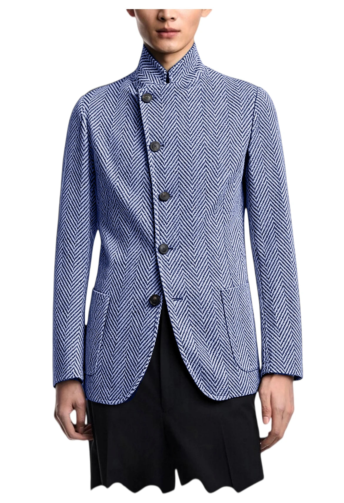Vintage Men's Herringbone Jacket Stand Collar Slim Fit Wool Blend Formal Blazer Fashion British Style Sport Coat Business Casual