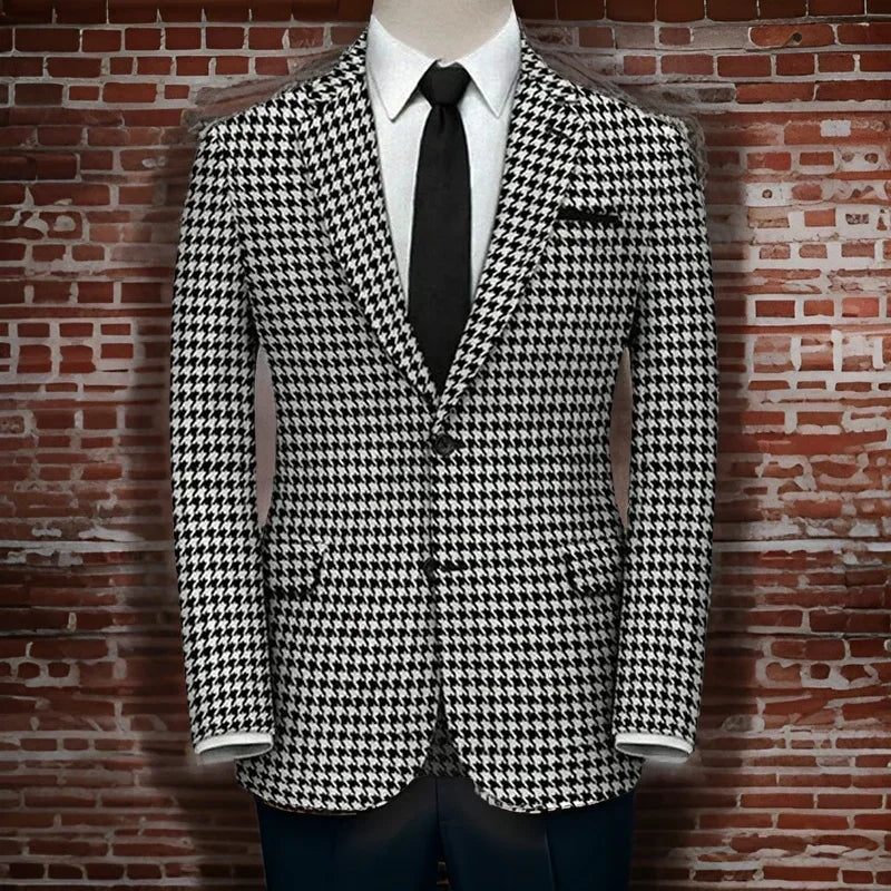 Plaid Blazer For Men 1 PCS Suit Jacket With Side Slit Slim Fit Houndstooth Checked Casual Coat 2025