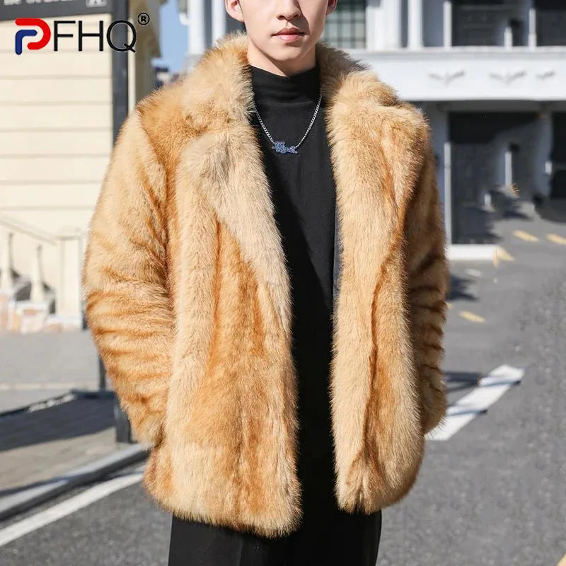 PFHQ Men's Faux Fur Jacket Autumn Winter Turn-down Collar Long Sleeve 2024 Solid Color Korea Fashion Male Tops