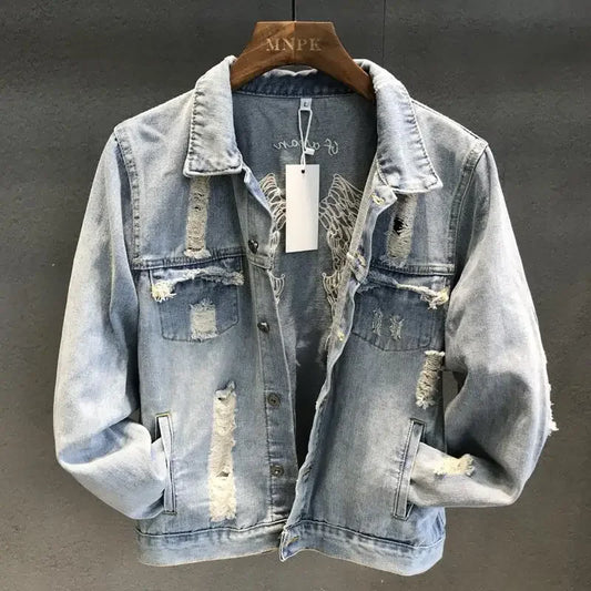 Cowboy Coat for Men With Hole Denim Jackets Man Loose Autumn Ripped of Fabric Menswear Fast Delvery New In Cheap Price Stylish