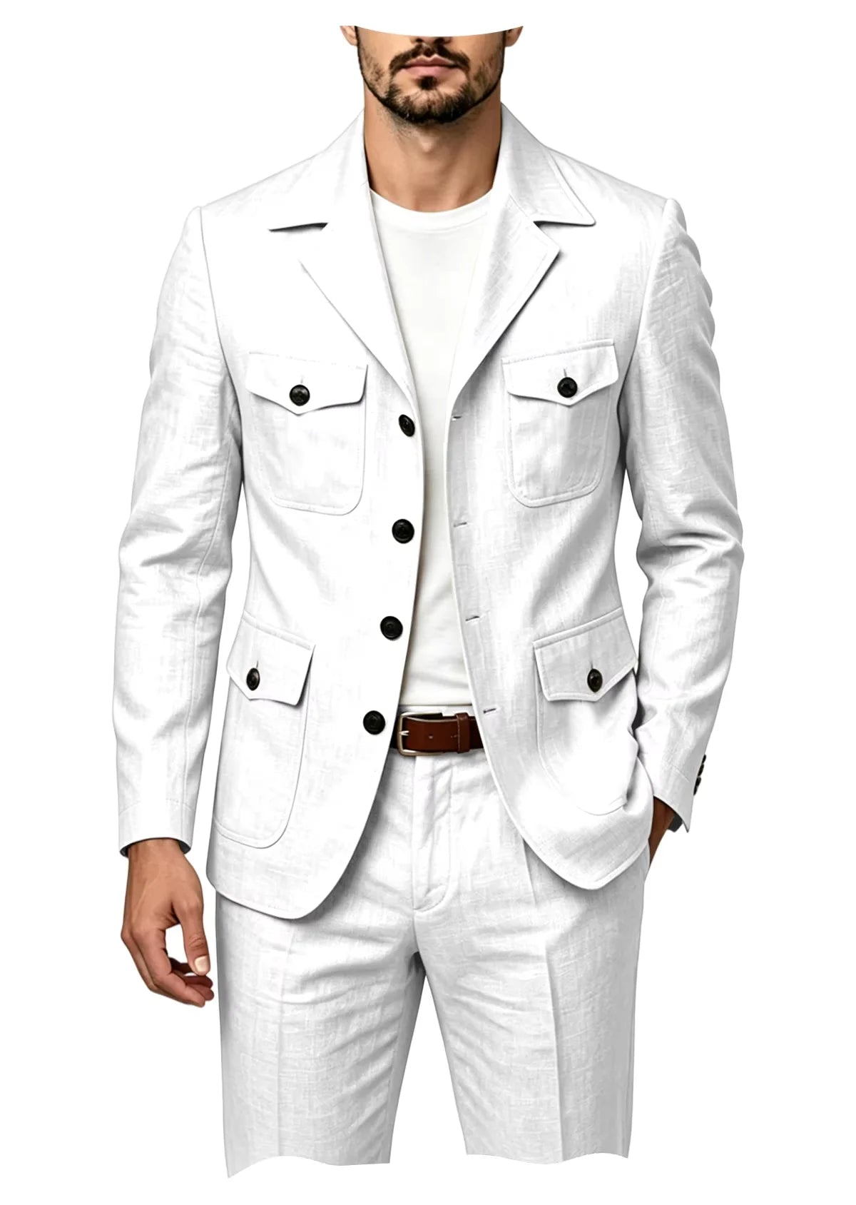 Men's Grey Linen Blend Suit 2 Piece Multi Pocket Peak Lapel Blazer pants Set Lightweight formal Suit for Summer Business Casual