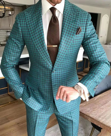 Terno masculino de casamentos Verde escuro Verifique o Slim Fit de tamanho grande de tamanho grande um elegante vestido Homme Gentleman Costume 2 peças roupas