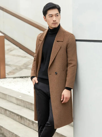 High End Long Men's 100% Pure Wool Suit Woolen Cardigan Jacket Autumn/ Winter New Woolen Business Double-sided Cashmere Coat