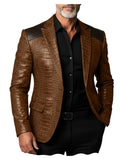 Men's Crocodile Pattern Leather Blazer Patchwork PU Leather Suit Jacket Notched Lapel Slim Fit Business Casual Coat Outerwear