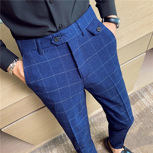 2023 New Mody High Quality Men Suit de calça reta Primavera Autumn Long Male Plaid Business Business Casual Troushers Comprimento total