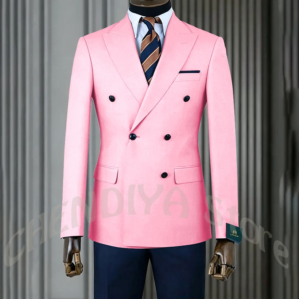 Stylish Men Suits Contrast Color Formal Blazer Male Clothing Double Breasted Business Casual Party Prom Jacket Pants Navy Blue
