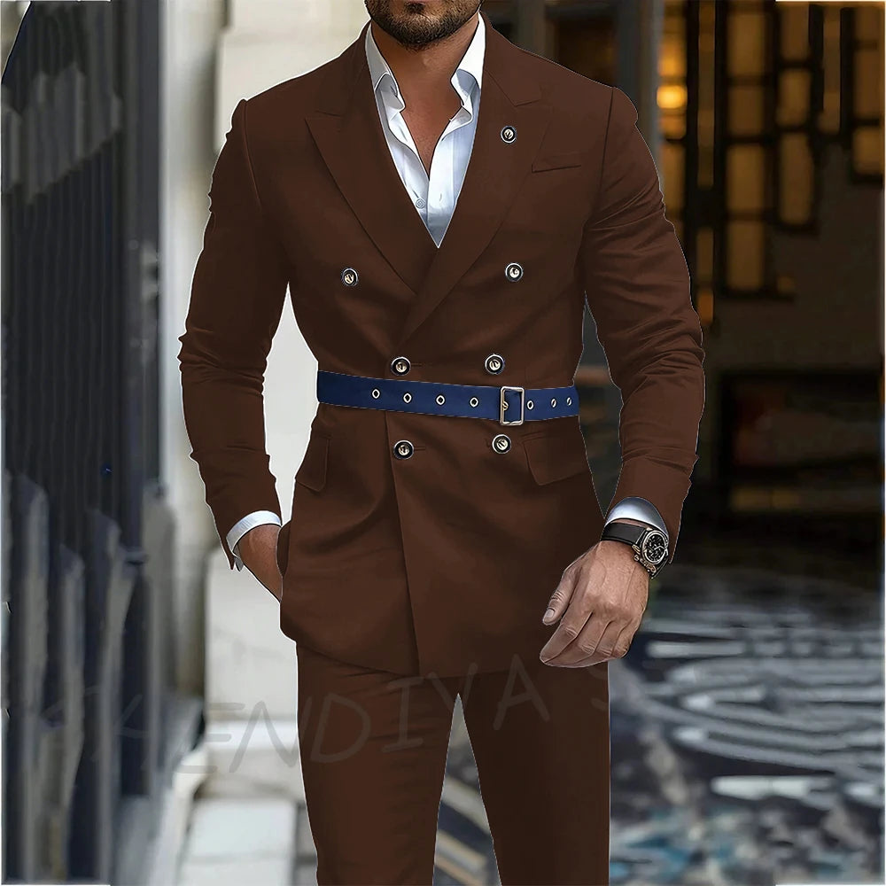 Navy Blue Men's Suit Classic Peak Lapel Blazer Double Breasted Formal Set Two Piece Business Casual Male Clothing Without Belt