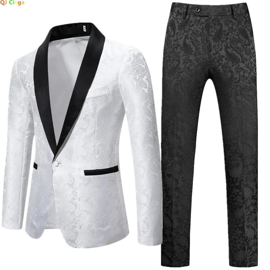 Terno branco com calças pretas para o conjunto de festas de casamento masculino, jaqueta e calça de duas peças na moda