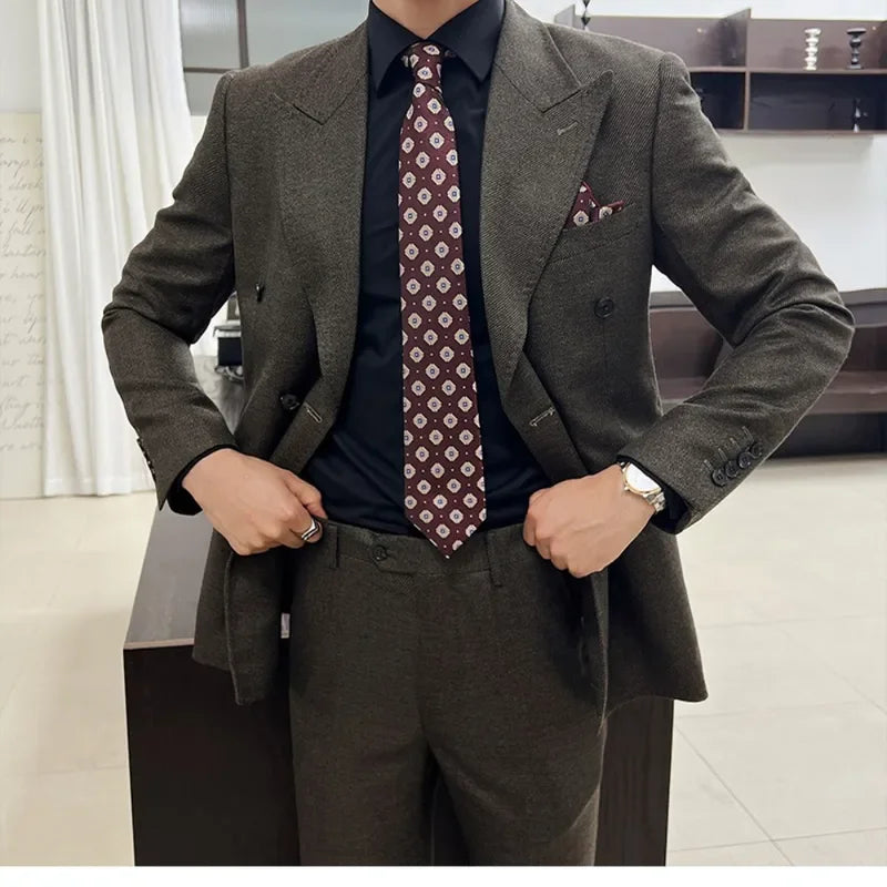 2 Slits Formal Suits Slim Fit Business Set (Jacket +Pants ) Men's Double Breasted Suits 2024 Terno Masculino Men's Peak Lapel