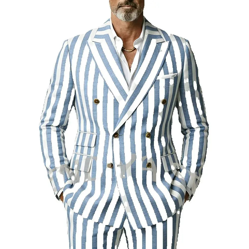 Casual Wide Striped Men's Suit Double Breasted Peaked Lapel Tailored Costume Homme Smart Business Office Daily Party Outfit