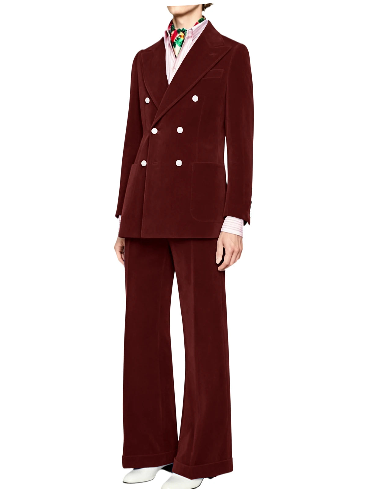 Men's Velvet Double Breasted 2 Piece Suit Set Slim Fit Peak Lapel Formal Straight Leg Pants Suit For Party Wedding Daily Wear