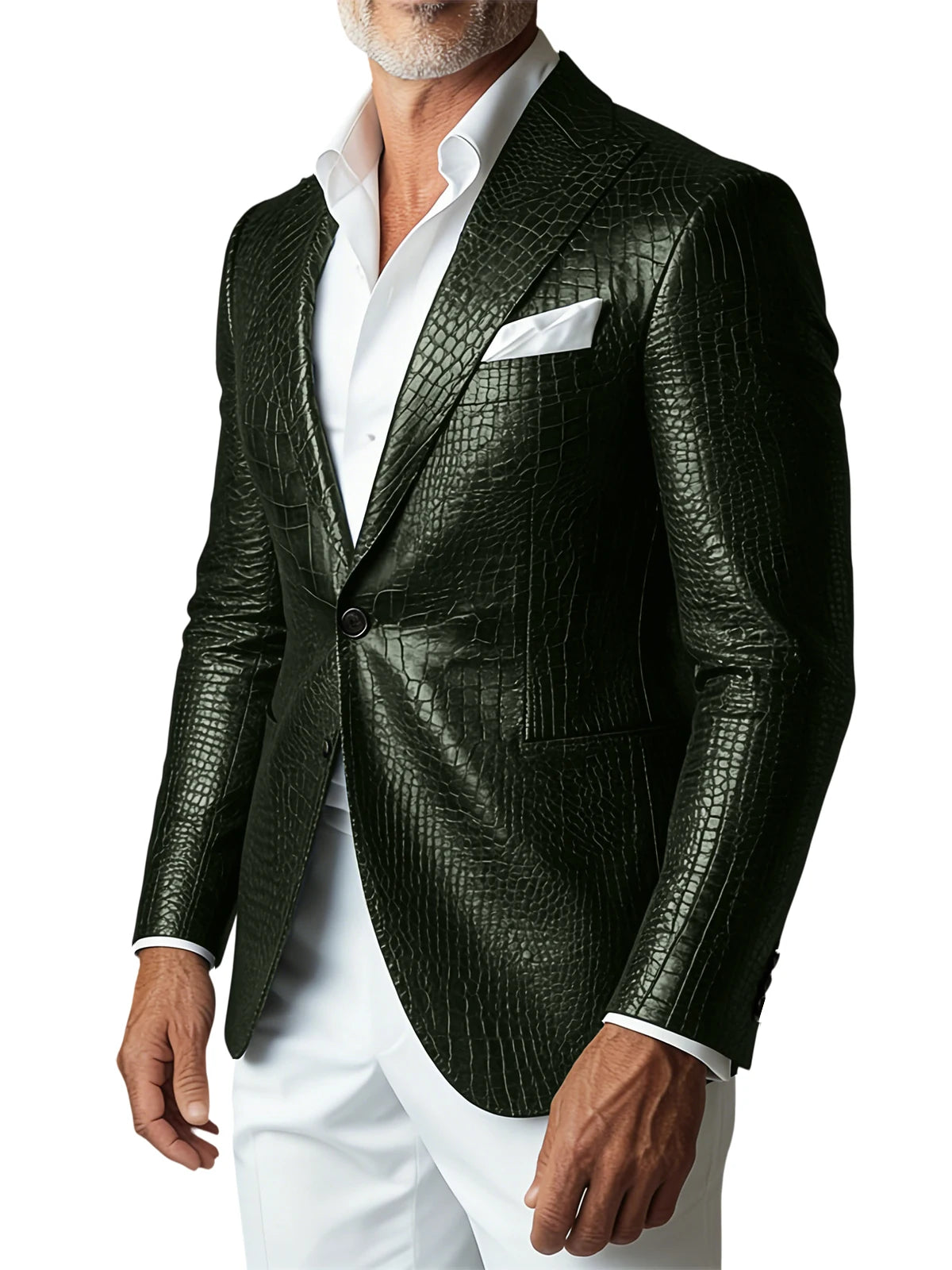 Men Elegant Brown Crocodile PU Leather Blazer Shawl Lapel Long Sleeve Pocket With Belt Business Casual Male Fashion Suit Jacket