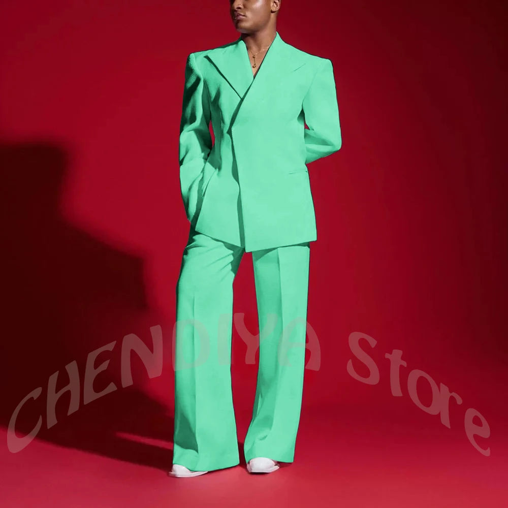 Elegant White Men Suit Peak Lapel Handsome Casual Male Clothing Two Pieces Jacket Pants Banquet Party Suits Set Straight