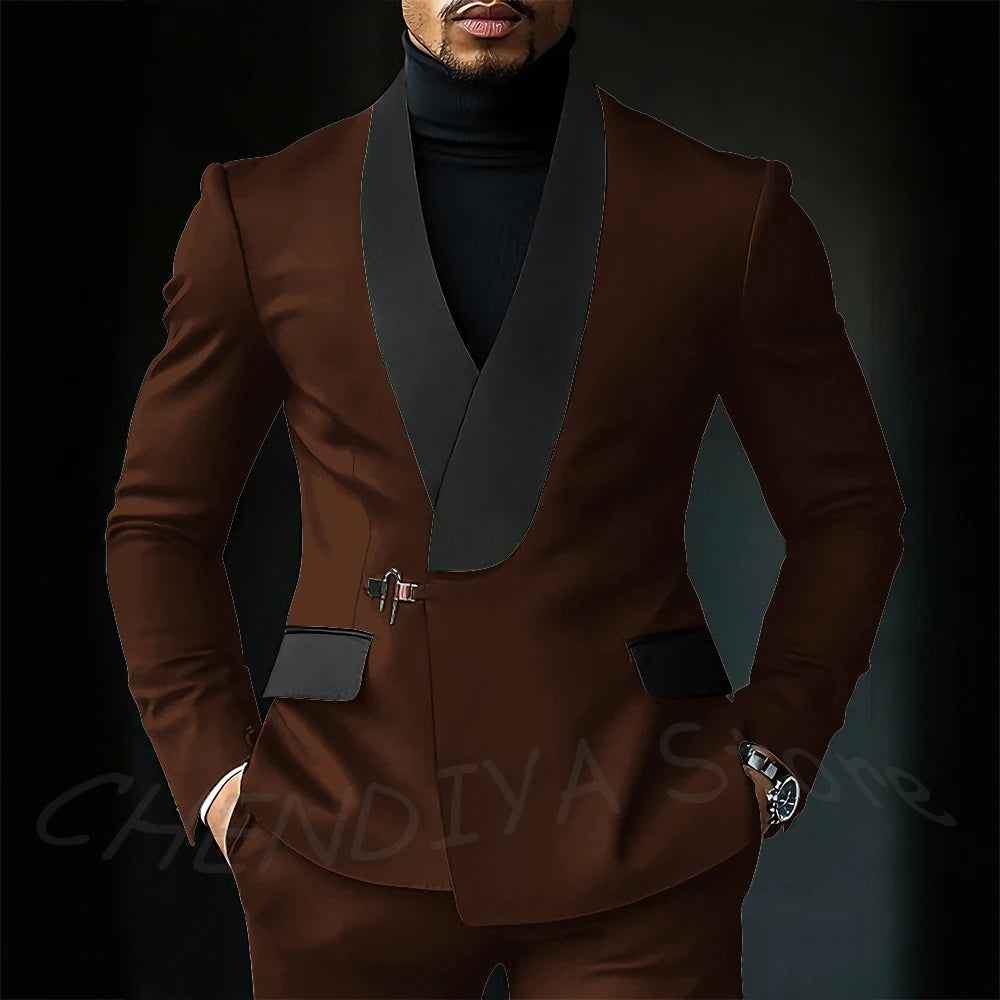 Contrast Color Men's Suit Set 2 Piece Elegant Shawl Lapel Slim Fit Formal Outfit Business Casual Jacket Pants Customized