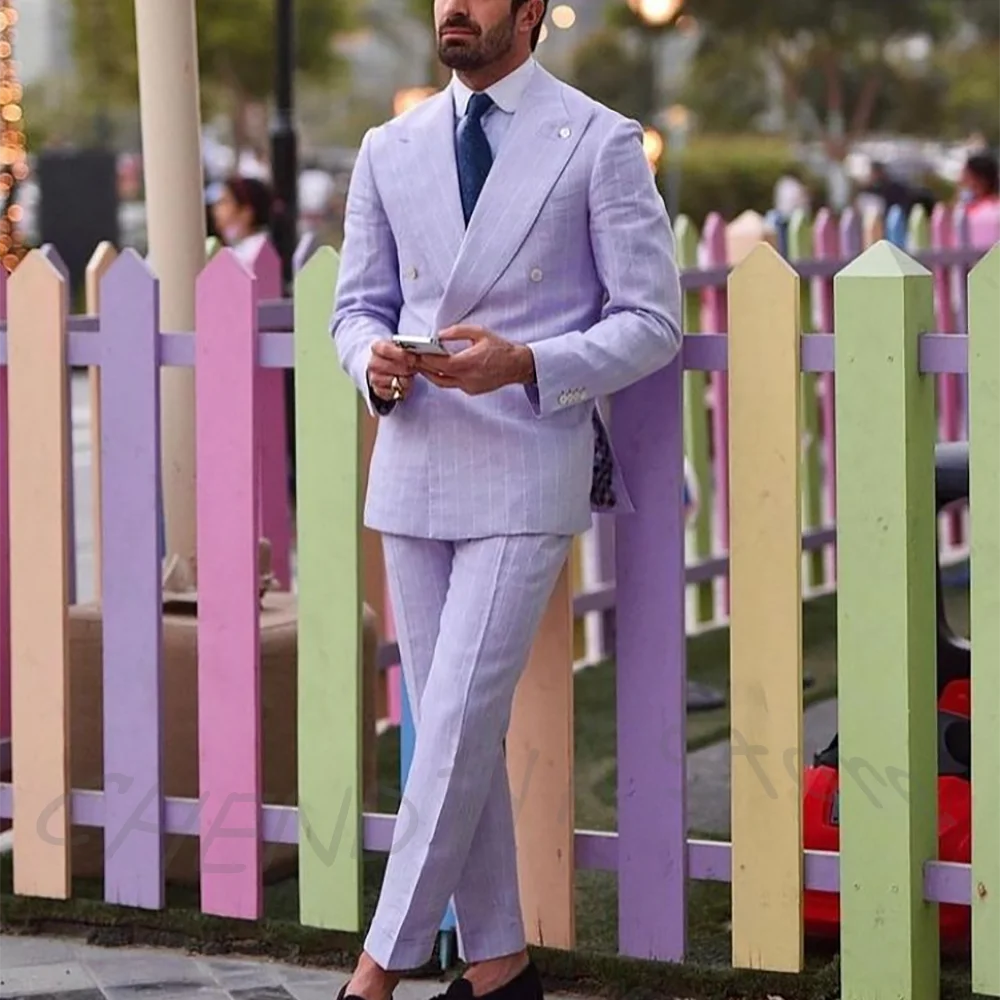 Light Purple Striped Men Suit England Style Peaked Lapel Double Breasted Classic Male Clothing Wedding Groom Tuxedo Custom Set