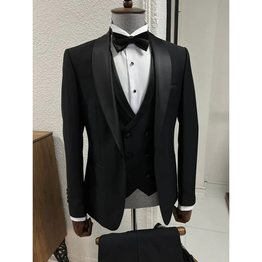 High-end Black Men Suits 3 Piece Elegant Shawl Lapel Singe Button Male Suit Slim Groom Wedding Party Tuxedo (Jacket+Vest+Pants)