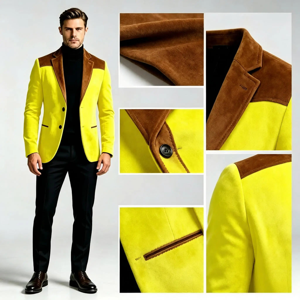 Men Suede Patchwork Lapel Blazer Slim Fit Color Block Suit Jacket Business Streetwear Outerwear For Party Daily Evening Outfits