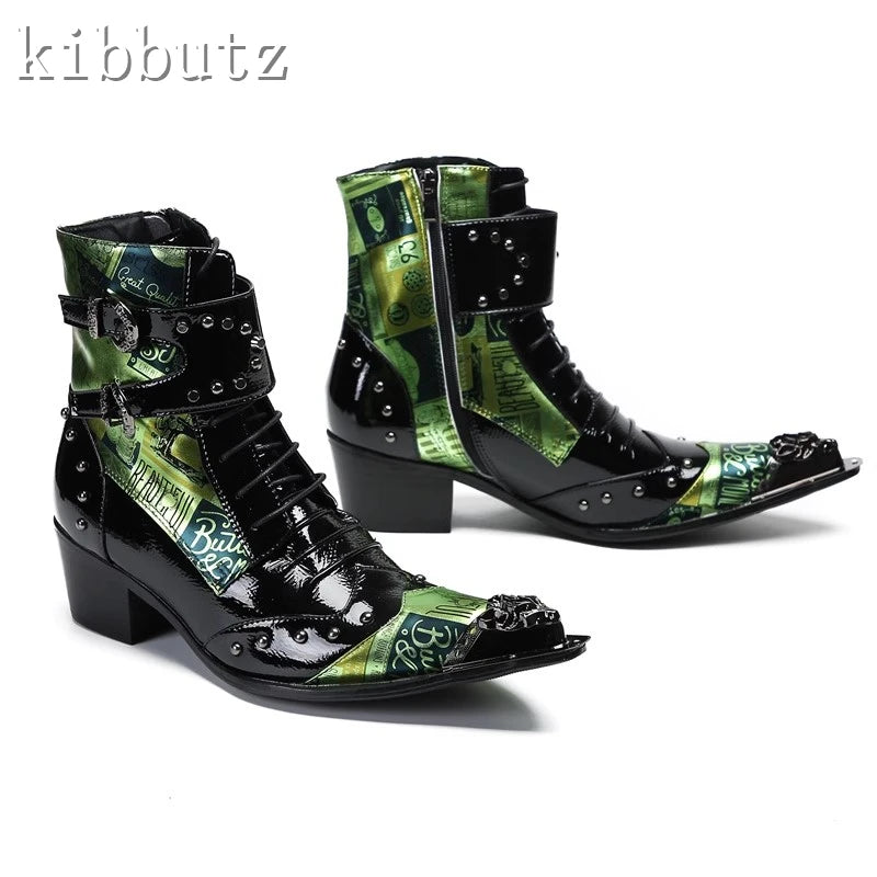 Fashion Winter Men Genuine Leather Chelsea Boots Green Prints Metal Pointed Toe Rivets Buckle Design Man Leisure Ankle Boots