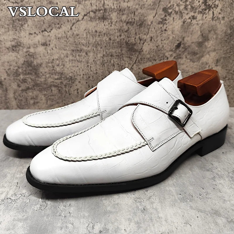 Luxury Men Leather Shoes White Black Crocodile Print Monk Strap Loafers Mens Dress Shoes Wedding Office Shoes For Men