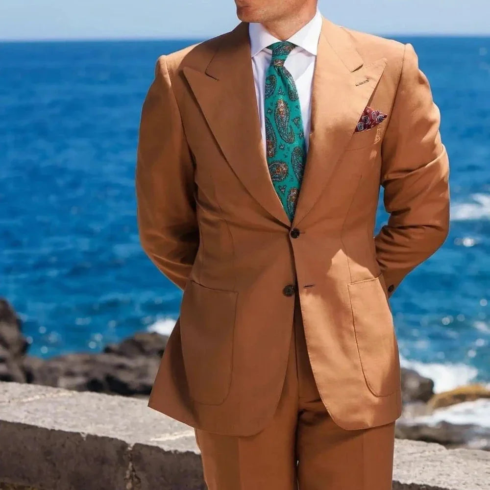 Fashion Brown Suits for Men 2 Piece Summer Peak Lapel Single Breasted Tuxedo Groom Wedding Casual Daily Suits (Jacket+Pants)