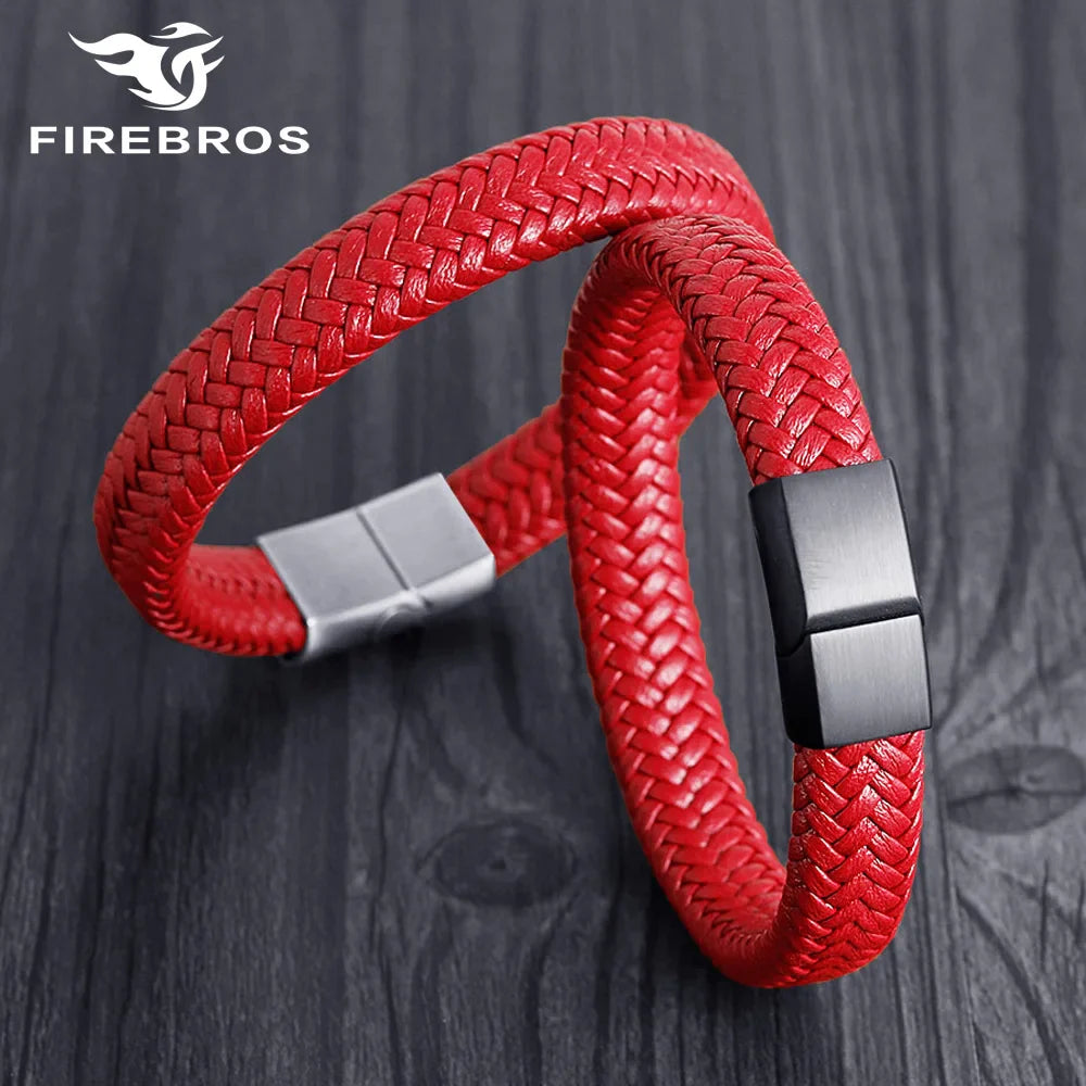 FIREBROS 12mm Blue Red Black Wear-resistant Genuine Leather Bracelet Bangle Men Women Jewelry Stainless Steel Magnetic Clasp