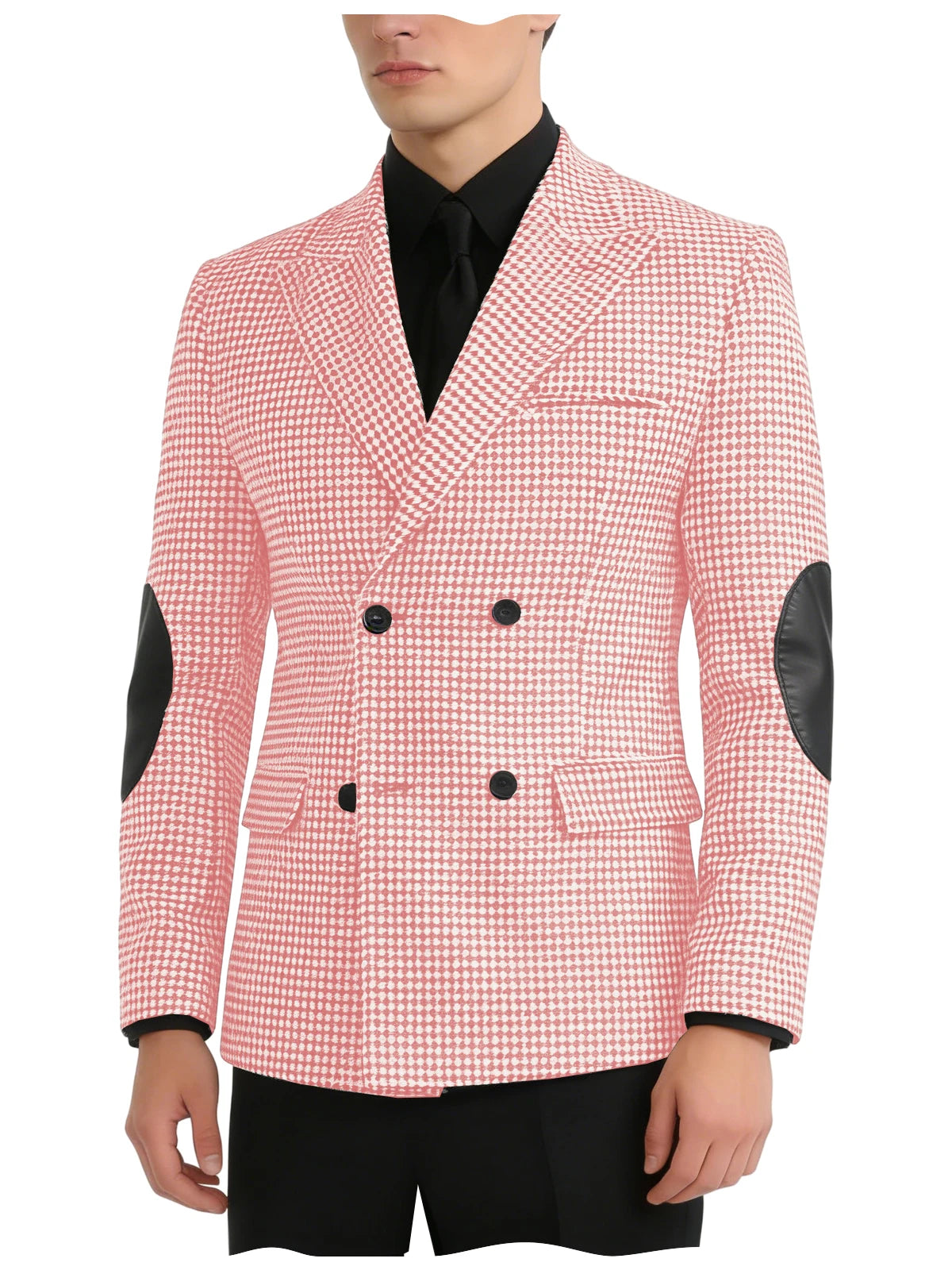 Men's Houndstooth Double Breasted Blazer with Leather Elbow Patches Peak Lapel Sport Coat Formal Business Wedding Suit Jacket