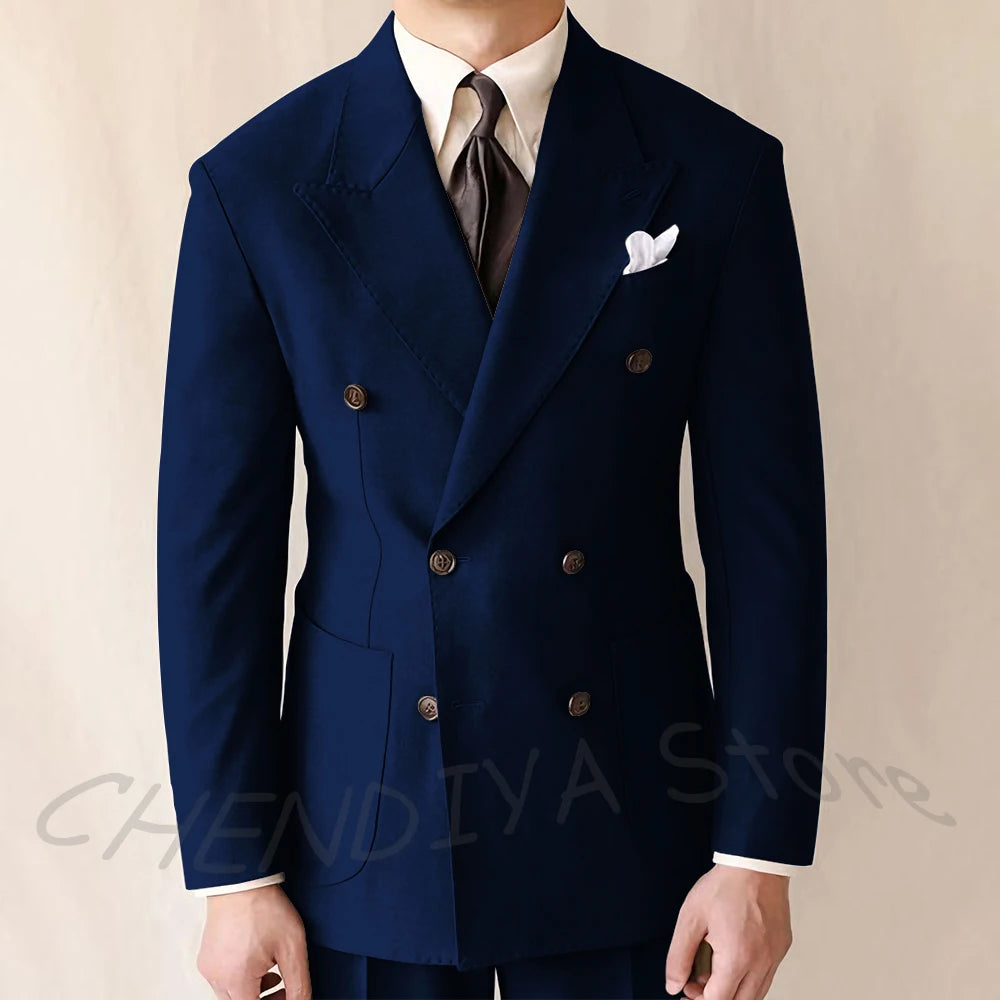 British Style Men Suits Casual Business Double Breasted Suit Jacket Wedding Groom Business Social Banquet Tuxedo Costume