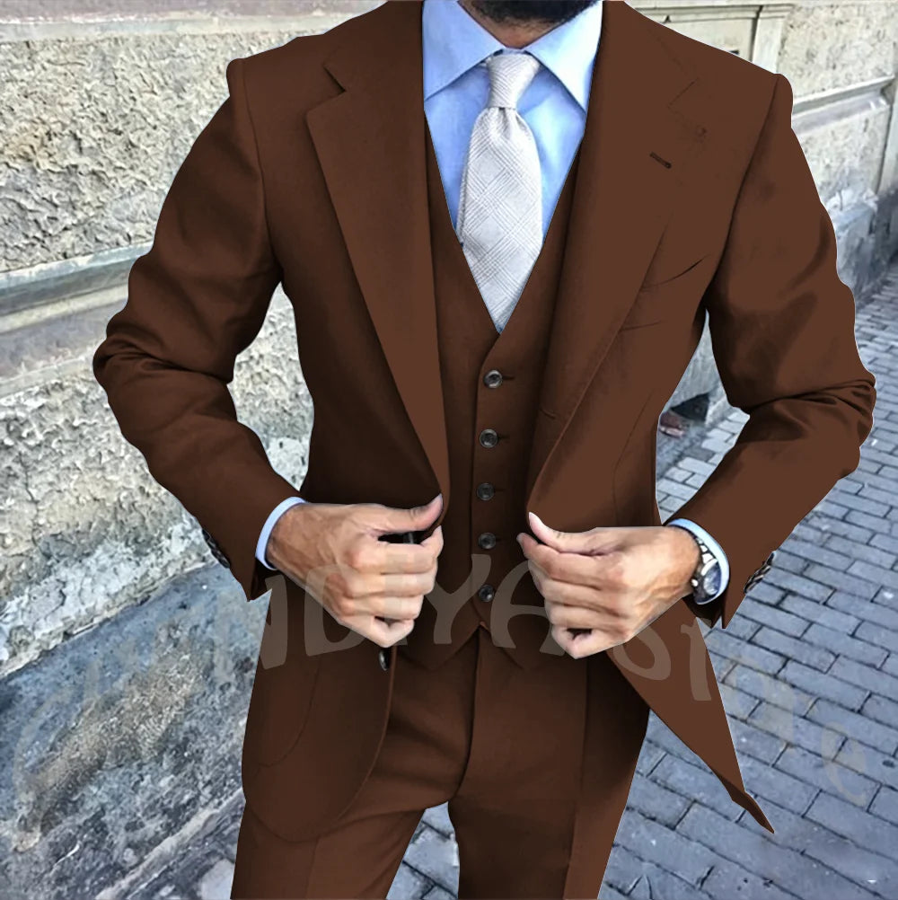 Latest Design Brown Man Work Suit Groom Tuxedos Notch Lapel Mens Business Suits Wedding  Dress Suit Sets (Jacket+Pants+Vest+Tie)