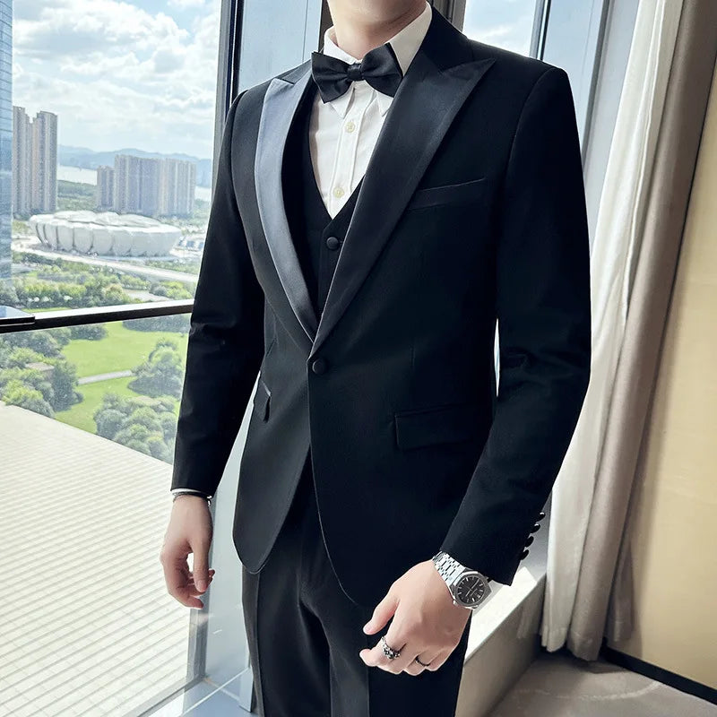 Men's Business Casual Suit 3-piece Set Black Elegant Groom Wedding Dress Banquet Suit (Blazers+vest+pants)