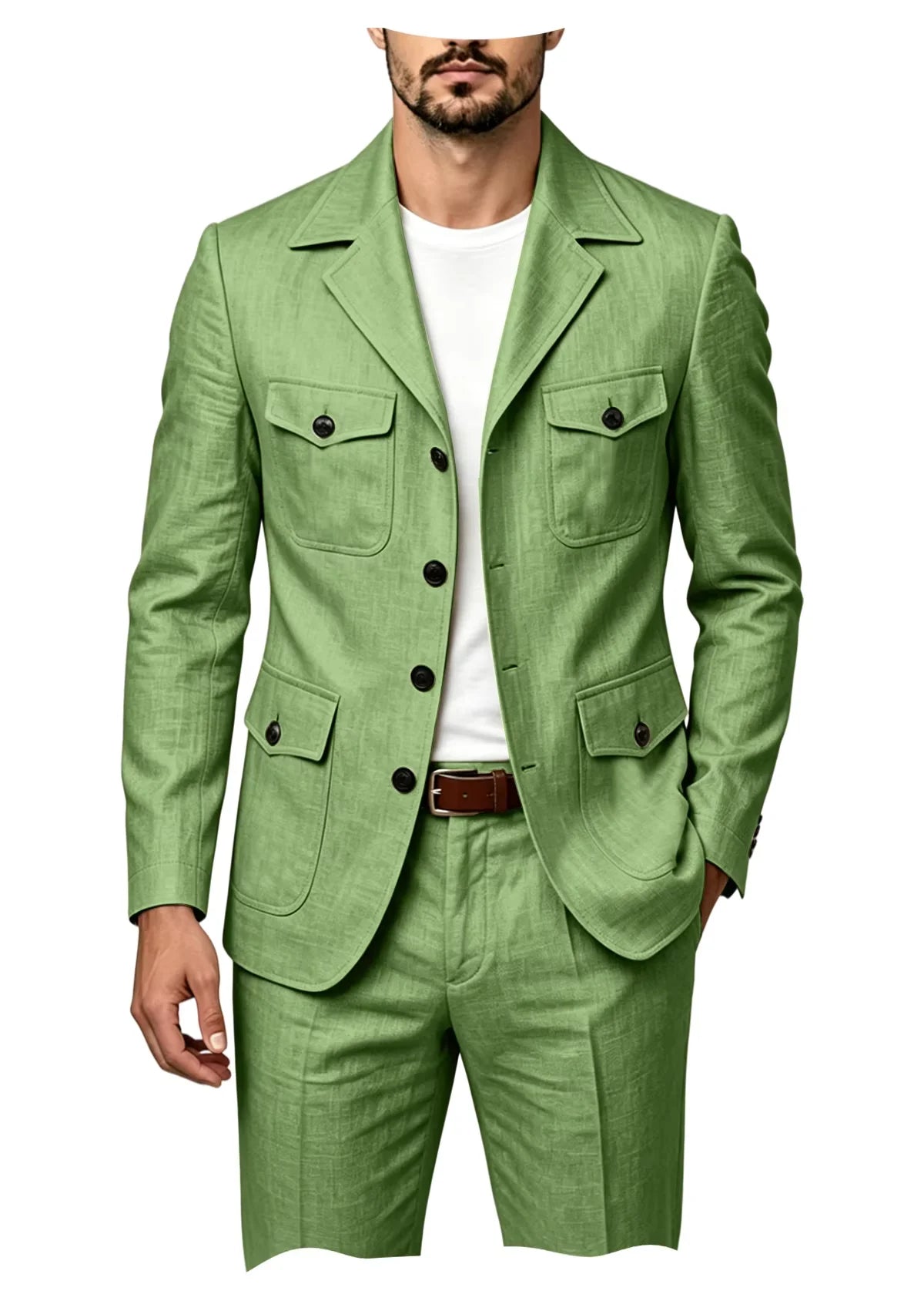 Men's Grey Linen Blend Suit 2 Piece Multi Pocket Peak Lapel Blazer pants Set Lightweight formal Suit for Summer Business Casual