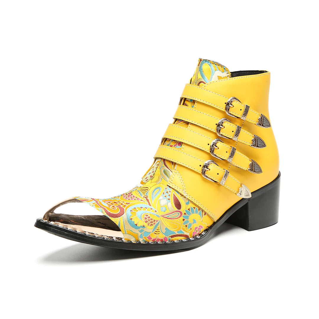 New Men's Yellow Boots with Metal Square Toe Four Rows of Buttons High Heels Embroidered Leather Side Zipper, Party Men's Shoes