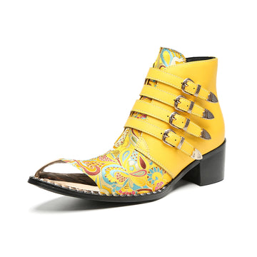 New Men's Yellow Boots with Metal Square Toe Four Rows of Buttons High Heels Embroidered Leather Side Zipper, Party Men's Shoes