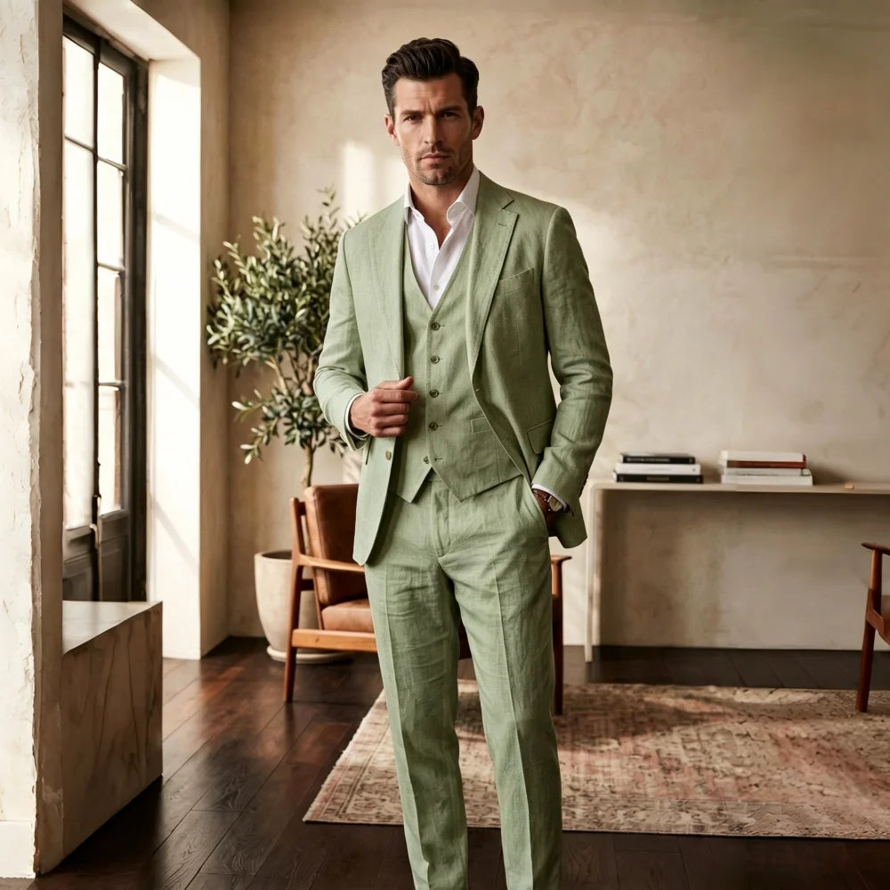 3 Pieces Linen Breathable Suit Separates Blazer with Vest Pants for Men Summer Beach Wedding Casual Party Suits for Men Suits