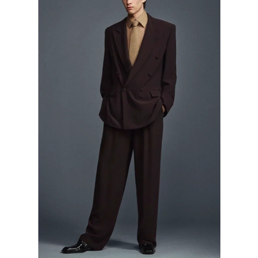 Double Breasted Loose Style Casual Men's Suit 2 Pieces Jacket Pants Travel Commute Boutique Male Clothing
