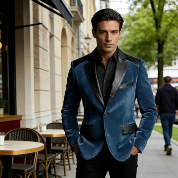 Men's Velvet Blazer with Leather Patchwork Slim Fit Two Button Peak Lapel Suit Jacket for Business Wedding Party Flap Pockets