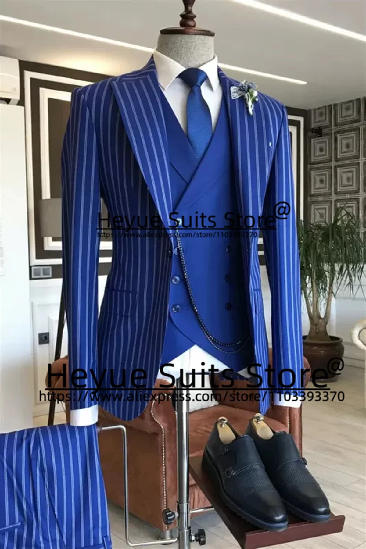 Business Stripe Men Suits Slim Fit Peak Lapel Groom Prom Tuxedos Elegant Jacket+Double-breasted Vest+Gentle Pants Costume Homme