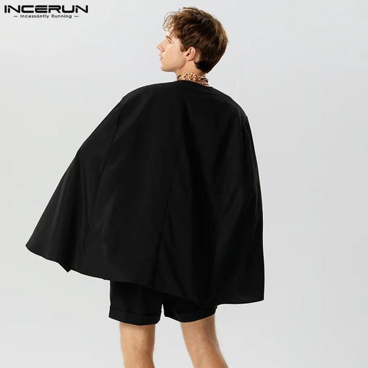 INCERUN 2023 Men Sets Solid Color Streetwear Long Sleeve Hollow Out Irregular Cloak & Shorts 2PCS Fashion Men Casual Suits S-5XL