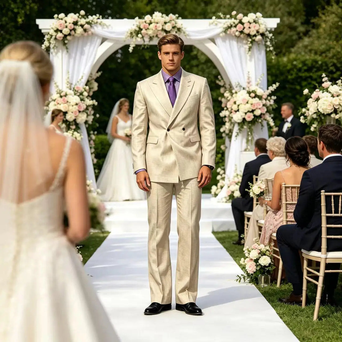 Vintage Men's Beige Linen Suit Notched Lapel Double Breasted Formal Blazer Set Summer Lightweight Wedding Party Trousers Suit Fo