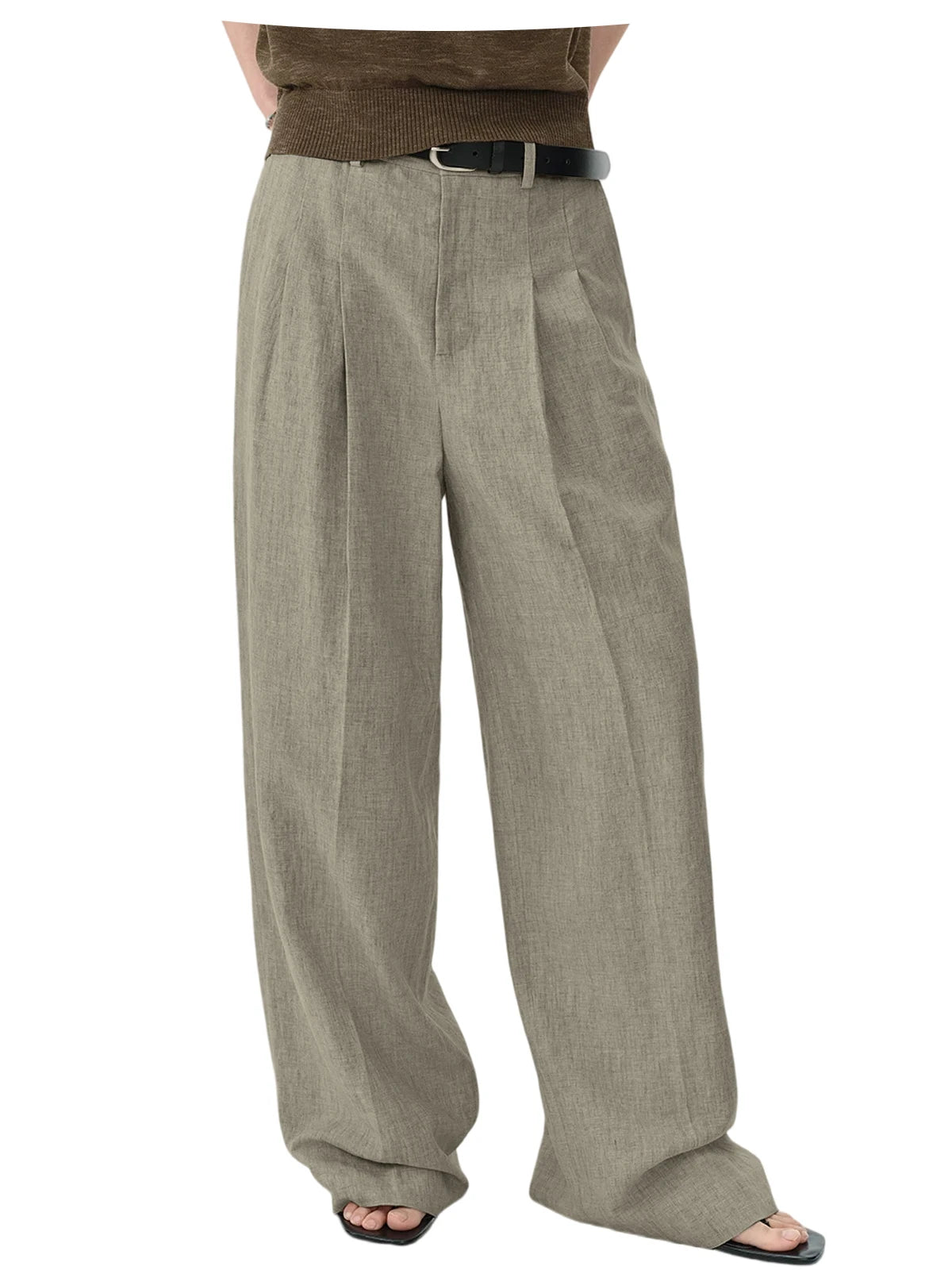 Men Linen Wide Leg Pants High Waist Pleated Casual Trousers Breathable Loose Straight Suit Pants Streetwear