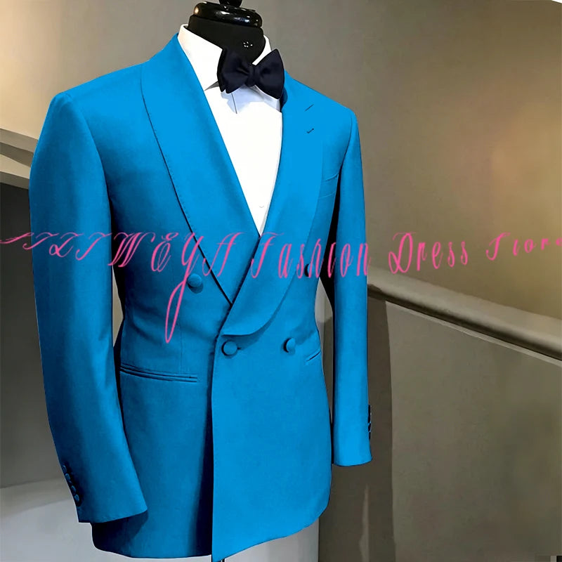 Blue Double Breasted Men's Suit Wedding Groom Tuxedo High Quality Boutique Male Clothing Jacket+Pants