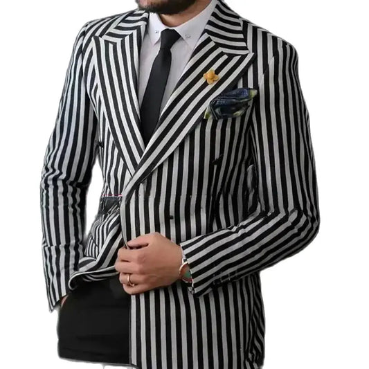 Luxury Men's Suits Blazer Black White Stripe Double Breasted Peaked Lapel Elegant 2 Piece Jacket Pants Slim Fit Tailor Clothing